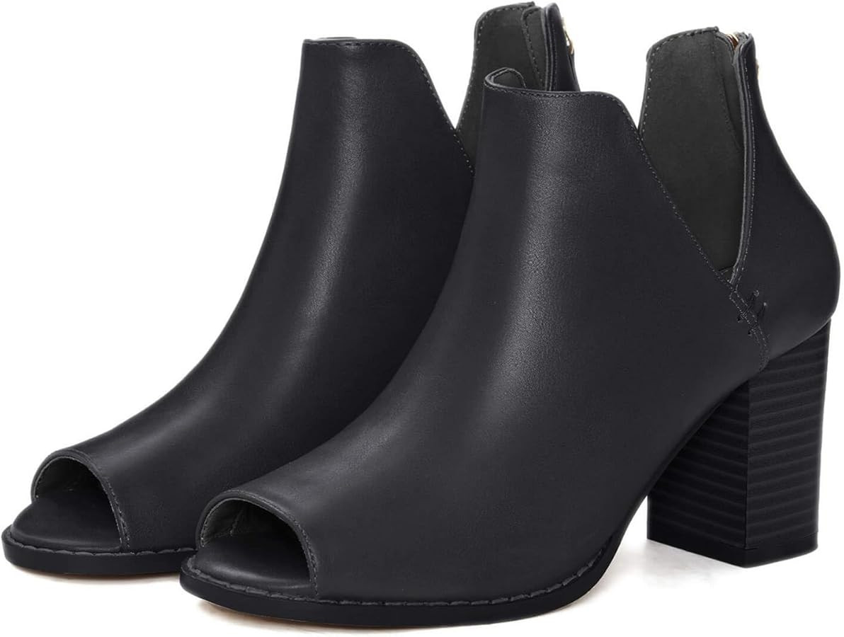 Coutgo Womens Peep Toe Booties Low Chunky Block Heels Side Slit V Cutout Ankle Boots Sandals | Amazon (US)