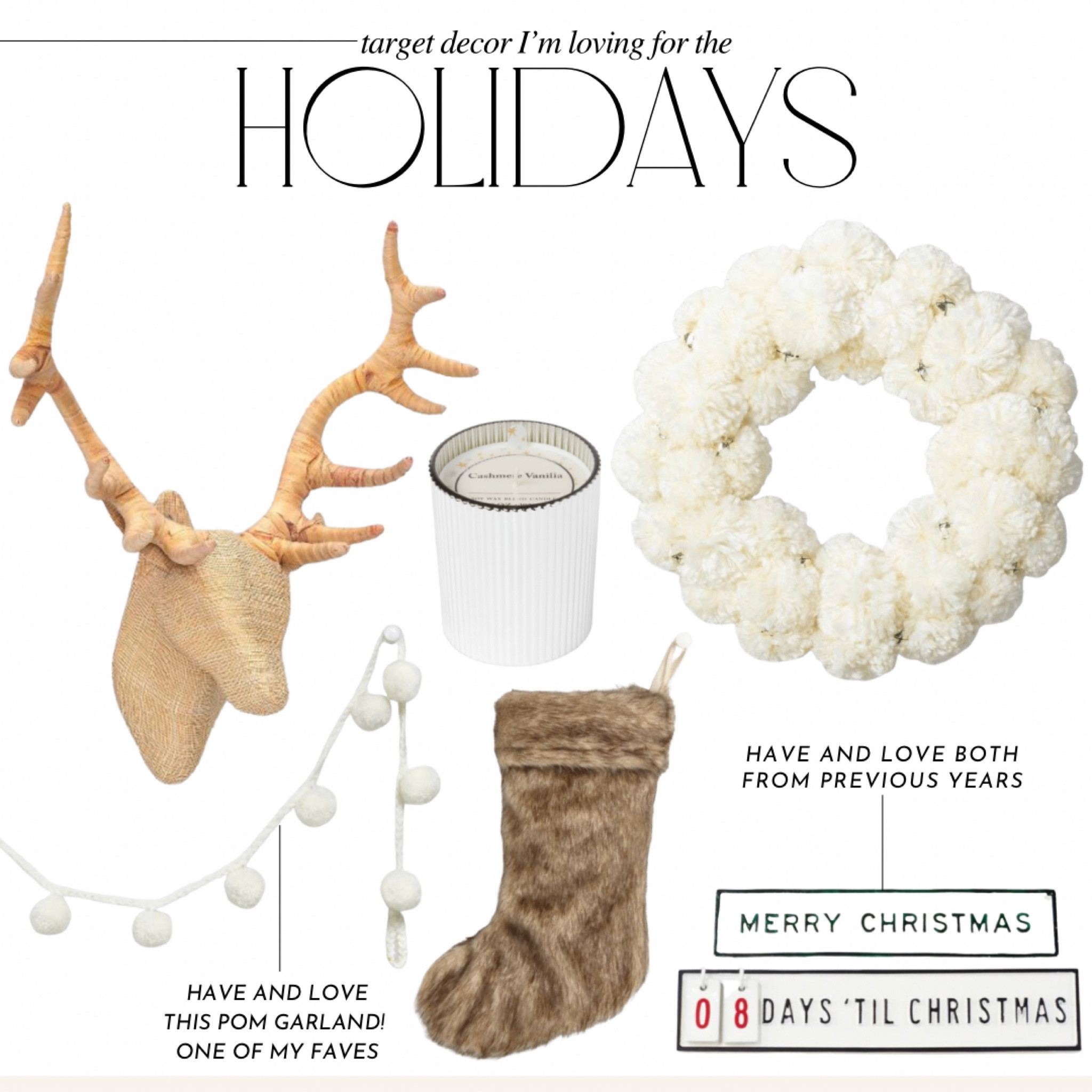Some Target decor that I’m loving for the holidays!

Target christmas decor, target holiday decor, furry stocking, white pom garland, white pom wreath, neutral Christmas, 

#LTKSeasonal #LTKHoliday #LTKhome