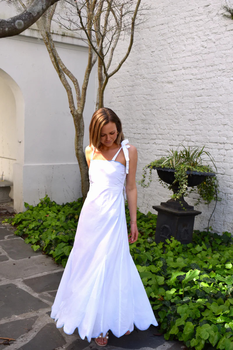 Abigail Maxi Dress White with Sky Blue Scallop | Madison Mathews