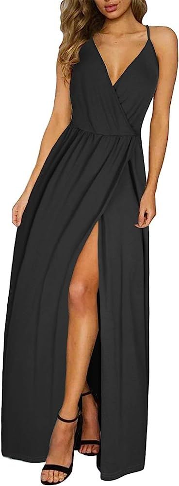 II ININ Women's Deep V-Neck Casual Dress Summer Beach Backless Slit Maxi Dress for Wedding Guest | Amazon (US)