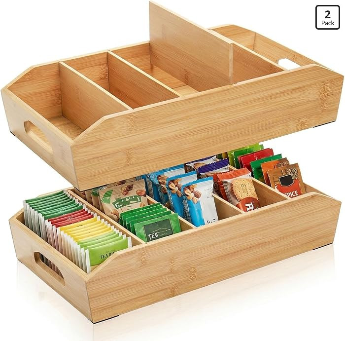 Pumtus 2 Pack Bamboo Pantry Organizers, Storage Bin with Removable Dividers, Divided Snack Oragni... | Amazon (US)