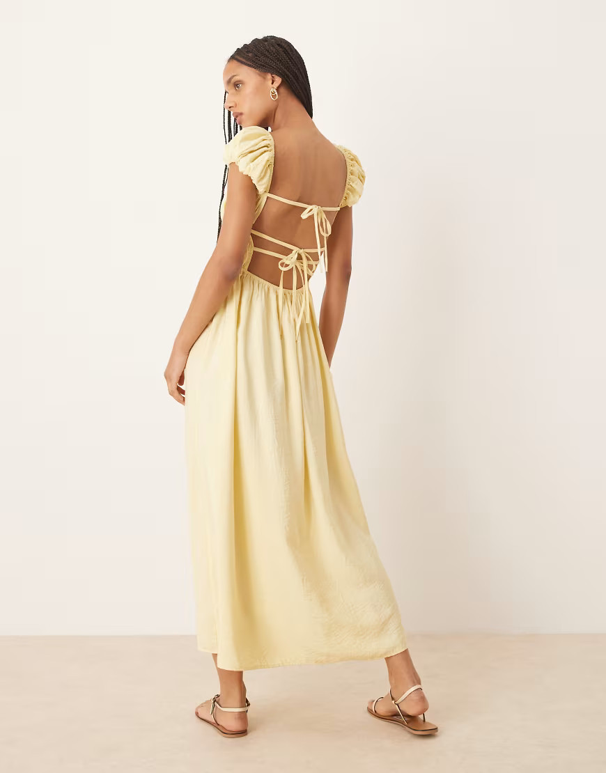 ASOS DESIGN square neck short sleeve midi dress with cinched channel waist in butter yellow-Multi | ASOS (Global)