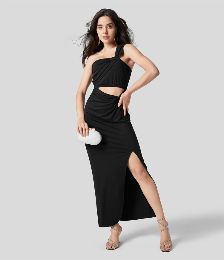 One Shoulder Twisted Cut Out Backless Split Maxi Party Dress | HALARA