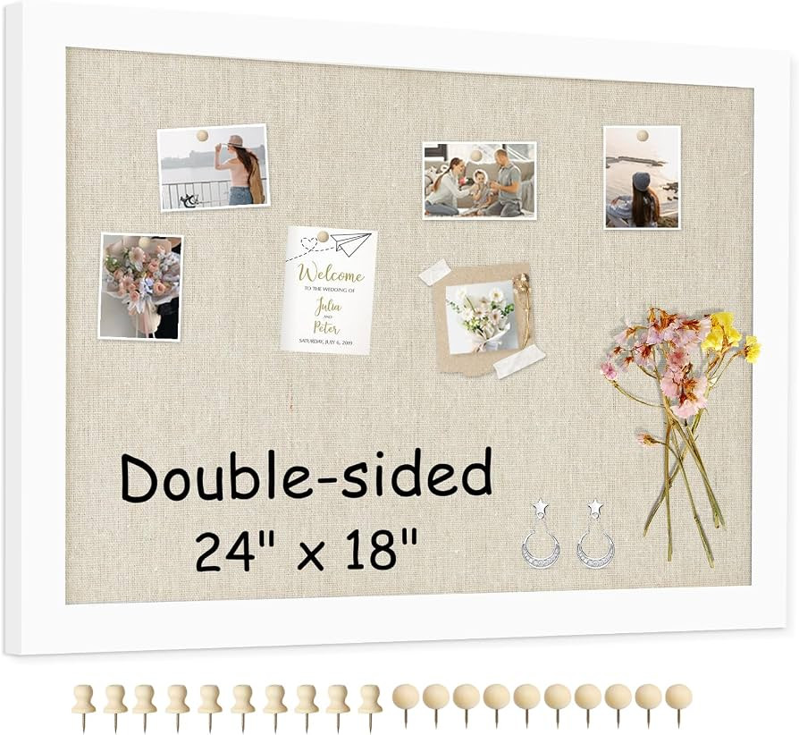 Double-Sided Large Cork Board with Linen, 24" x 18" Hanging Wood Framed Bulletin Board, Picture D... | Amazon (US)