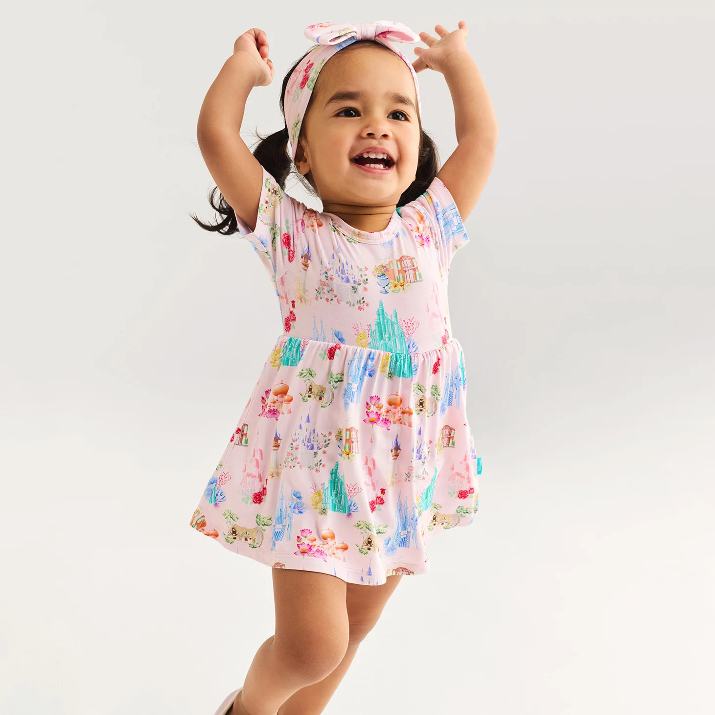 Princess Pink Short Sleeve Disney Castles Bodysuit Dress | Posh Peanut® | Posh Peanut