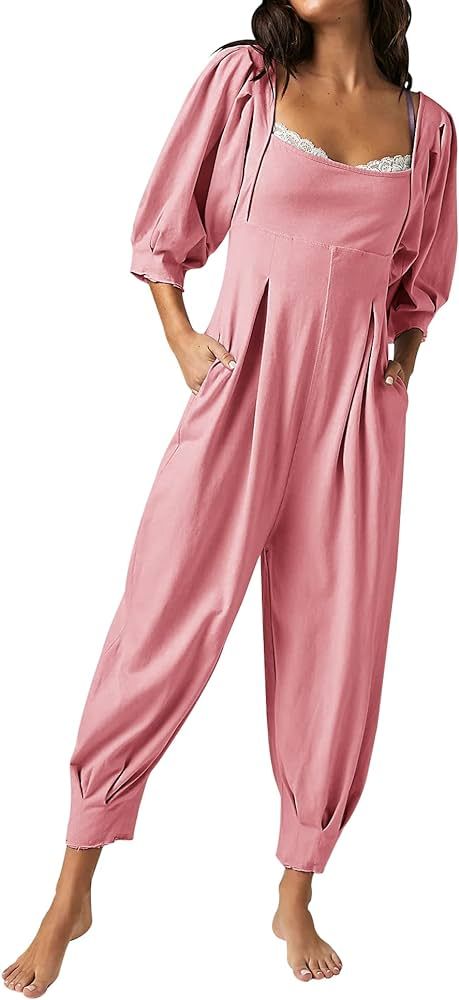 Ebifin Women's Casual Jumpsuits Square Neck Loose Long Pant Rompers with Pockets | Amazon (US)