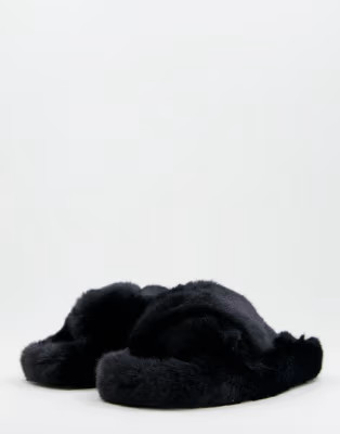 Loungeable cross over super fluffy slipper in black | ASOS (Global)