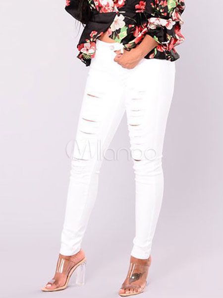 White Skinny Jeans Women Cut Out Button Ripped Denim Jeans | Milanoo