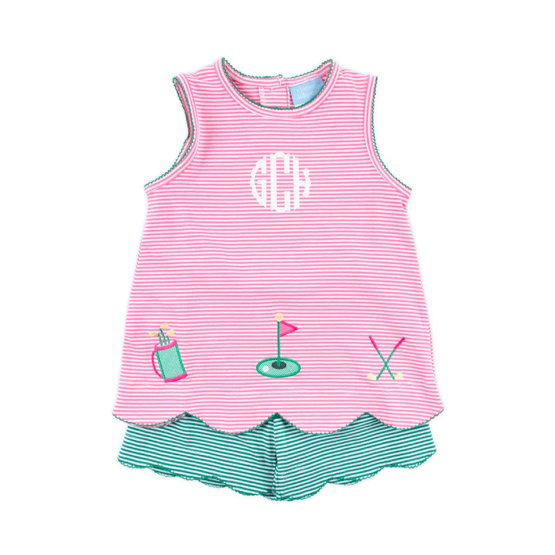 Golf Applique Pink Stripe Scalloped Short Set | Classic Whimsy