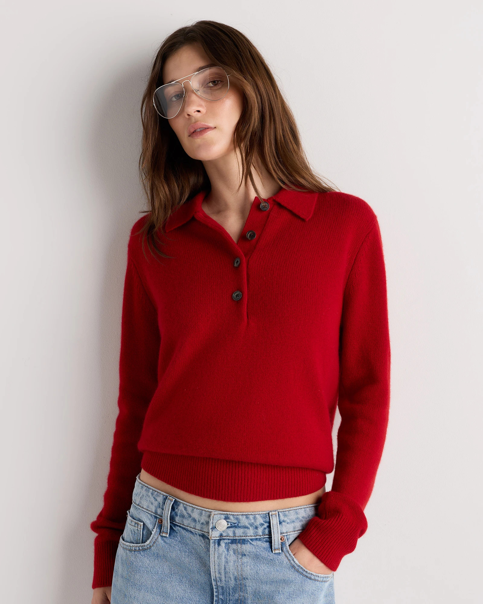 Quince | Women's Mongolian Cashmere Button Polo Sweater in Heather Grey, Size Small | Quince