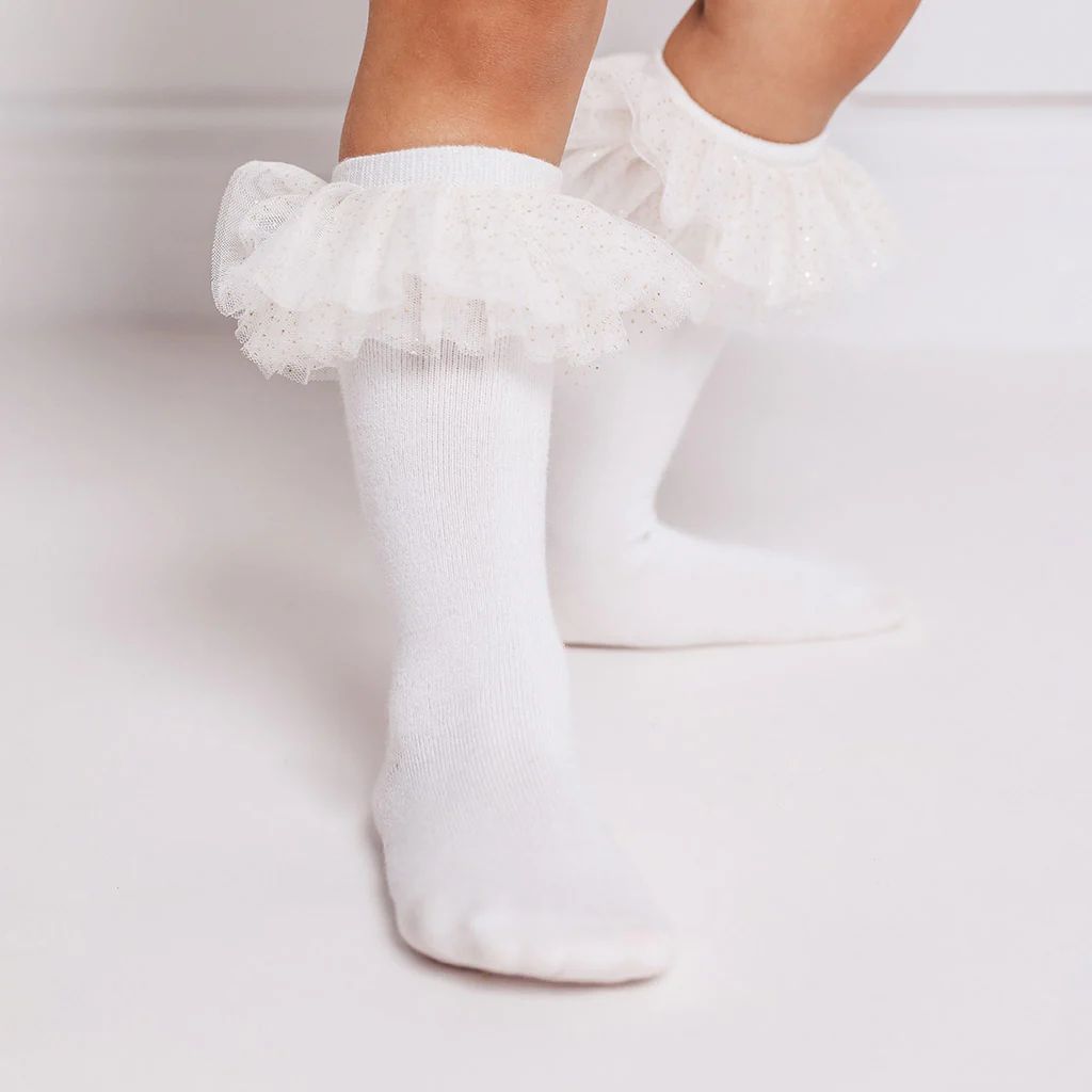 Solid White Baby Girl Tulle Knee High Socks | White Tulle | Posh Peanut