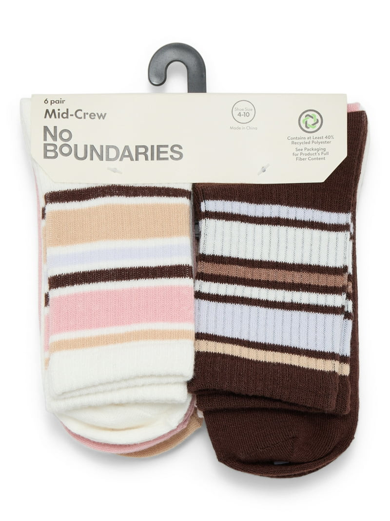 No Boundaries Ribbed Mid-Crew Socks, 6-Pack, Women's, Shoe Sizes 4-10 | Walmart (US)