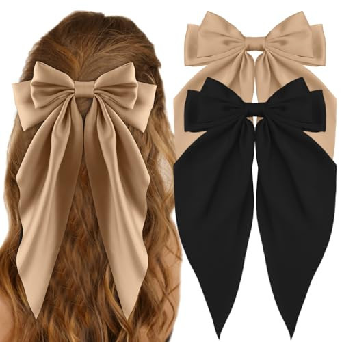 ATODEN Oversized Satin Hair Accessories - Long Tail Bowknot Barrettes for Women, Metal Clips in Khaki and Black (2Pcs) | Amazon (US)