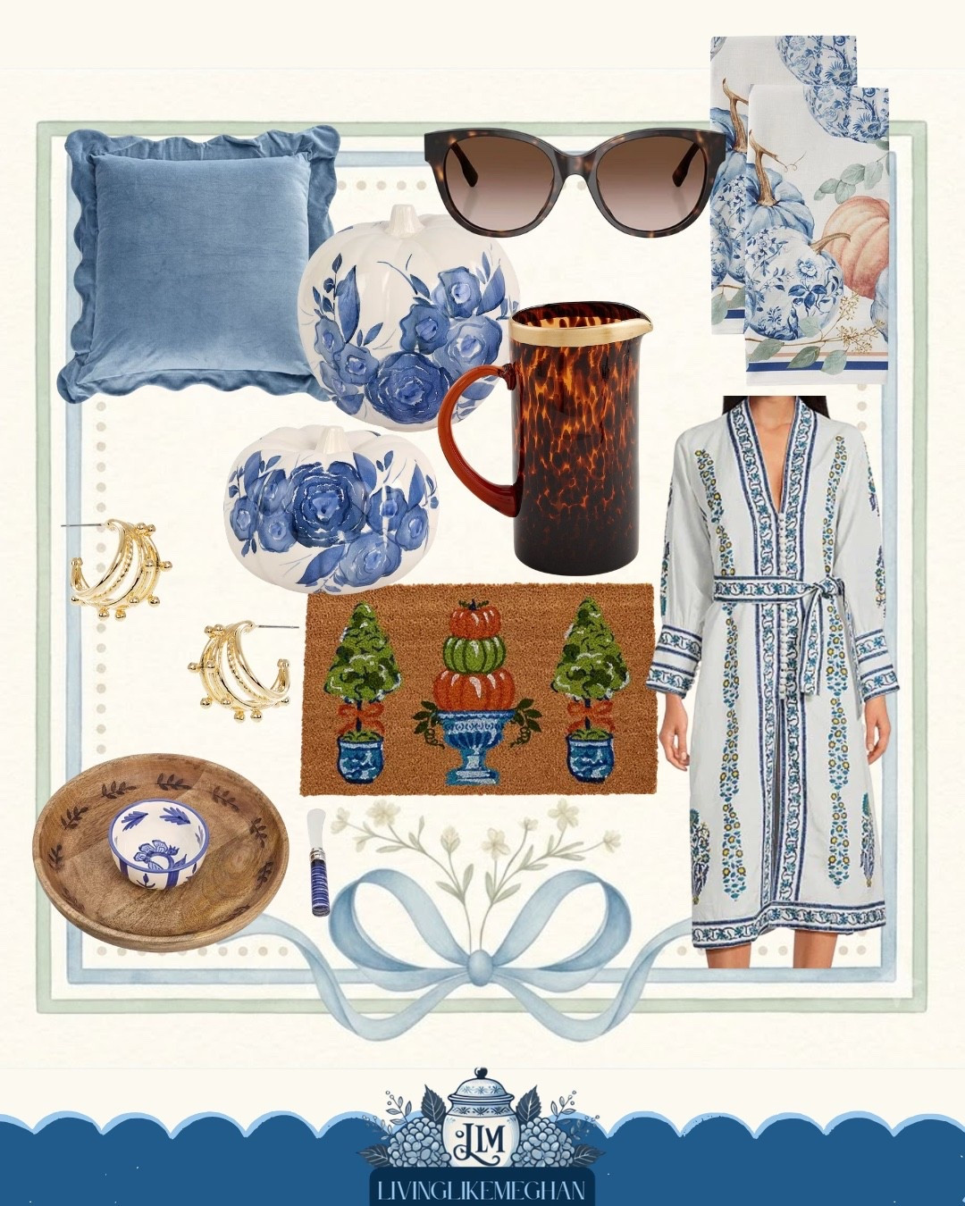 Bring on transitional fall styling with classic blue and white decor! 🍂 ✨ Layering soft velvet throw pillows, pumpkin doormats, and hand-painted blue ceramic pumpkins makes home decorating effortless. Pair your cozy spaces with traditional block print robes, gold hoop earrings, and tortoiseshell glassware for a polished autumn look! tap to shop these traditional fall home accents and classic wardrobe essentials 💙 🎃

#LTKSaleAlert #LTKSeasonal #LTKHome