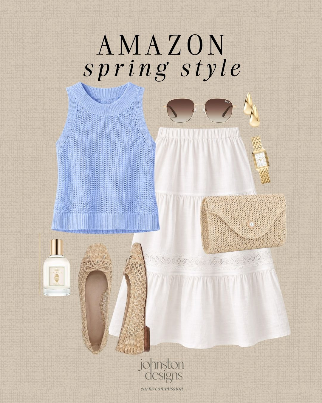 Amazon spring style. Soft blue knit tank paired with a flowy white midi skirt, styled with woven flats, a straw clutch and gold accessories for an effortless, feminine warm weather outfit. Perfect for brunch, vacation days and everyday spring styling.

#amazonfashion #springoutfits #amazonstyle #femininefashion #neutralstyle #vacationoutfits #everydaystyle #outfitinspo #amazonfinds #ltkstyle #affordablefashion 

 #LTKootd #LTKSeasonal
