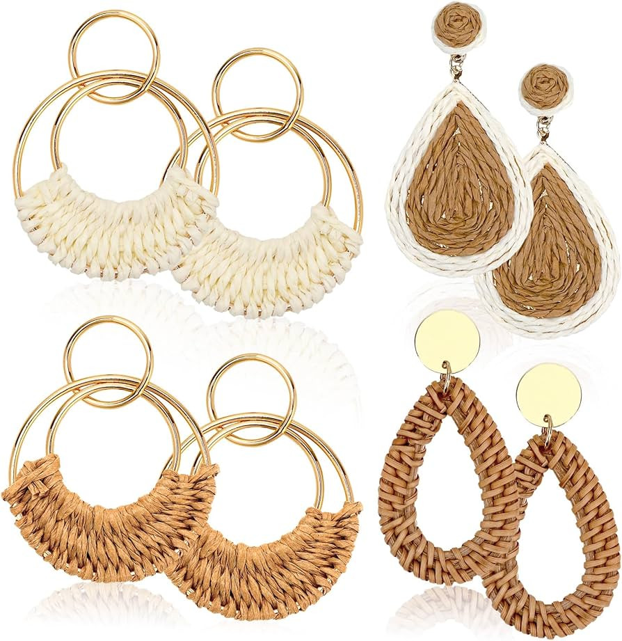 4 Pairs Boho Rattan Earrings for Women, Essential for Summer Beach Wear Featuring Unique Geometri... | Amazon (US)