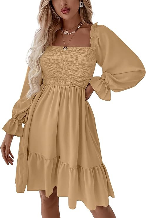 LYANER Women's Square Neck Lantern Long Sleeve Ruffle Shirred Flowy Party Mini Dress | Amazon (US)