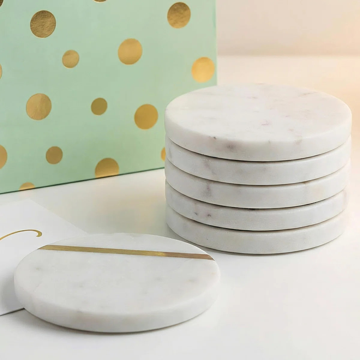 Marble Coasters Set of 6, White Marble with Gold Brass Inlay, Real Natural Semi Absorbent Stone C... | Wayfair North America