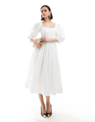 & Other Stories midaxi dress with volume sleeves and corset detail in white | ASOS (Global)