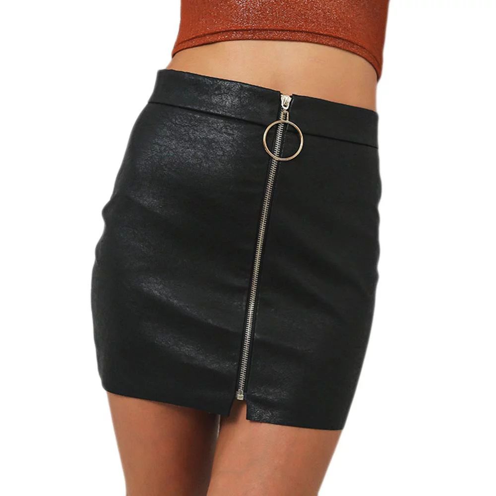 FANTADOOL Women PU Leather Skirts Women Short Black High Waist O Ring Zipper Design Pencil Skirt | Walmart (US)