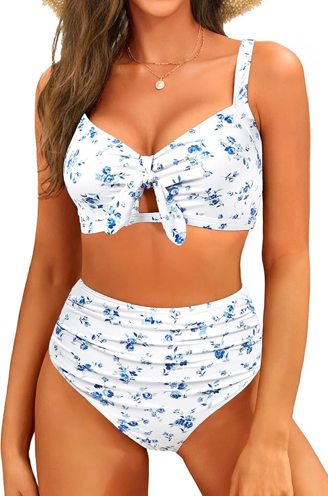 Tempt Me Two Piece Swimsuits - High Waisted Bikini Tummy Control Full Coverage Bathing Suits Ruch... | Amazon (US)