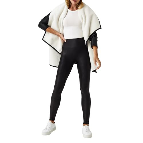 SPANX Faux Leather Fleece-Lined Leggings - Tummy Control Legging - Contoured Power Waistband Stomach Compression - High Waist - Black - S | Amazon (US)