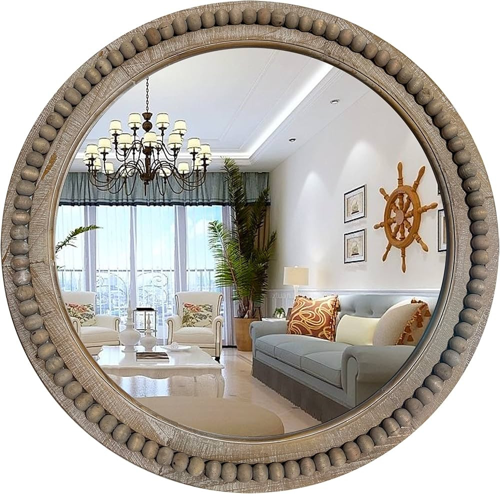 Rustic Round Wall Mirror, 24 Inch Wood Circle Mirror with Beads, Decorative Farmhouse Mirror for ... | Amazon (US)