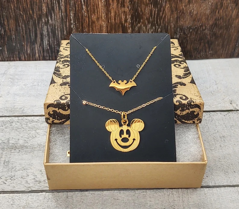 Halloween Pumpkin Mickey Mouse Head Ears + Mickey Bat Necklace Layering Set Minimalist Fall Disne... | Etsy (Global)