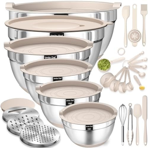 Mixing Bowls with Airtight Lids Set, 26PCS Stainless Steel Khaki Bowls with Grater Attachments, N... | Amazon (US)
