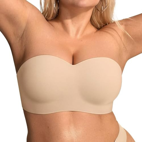 Vertvie Strapless Bras for Women Underwire Push Up Bandeau Top Bra Plus Size Seamless Side and Back Smoothing Padded Bralette(38D,Nude) | Amazon (US)