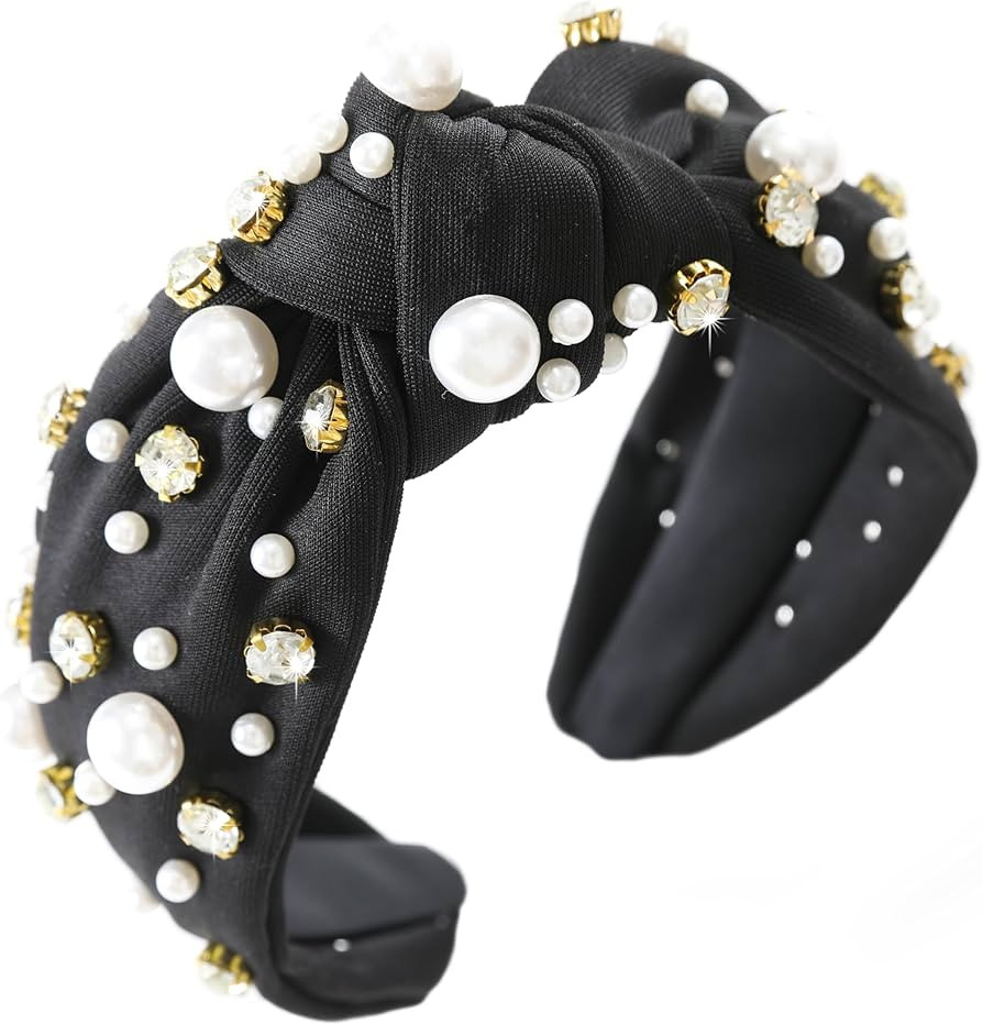 Amazon.com : Gmmidea Pearl Knotted Women Headband Sparkle Rhinestone Jeweled Headband Wide Knot C... | Amazon (US)