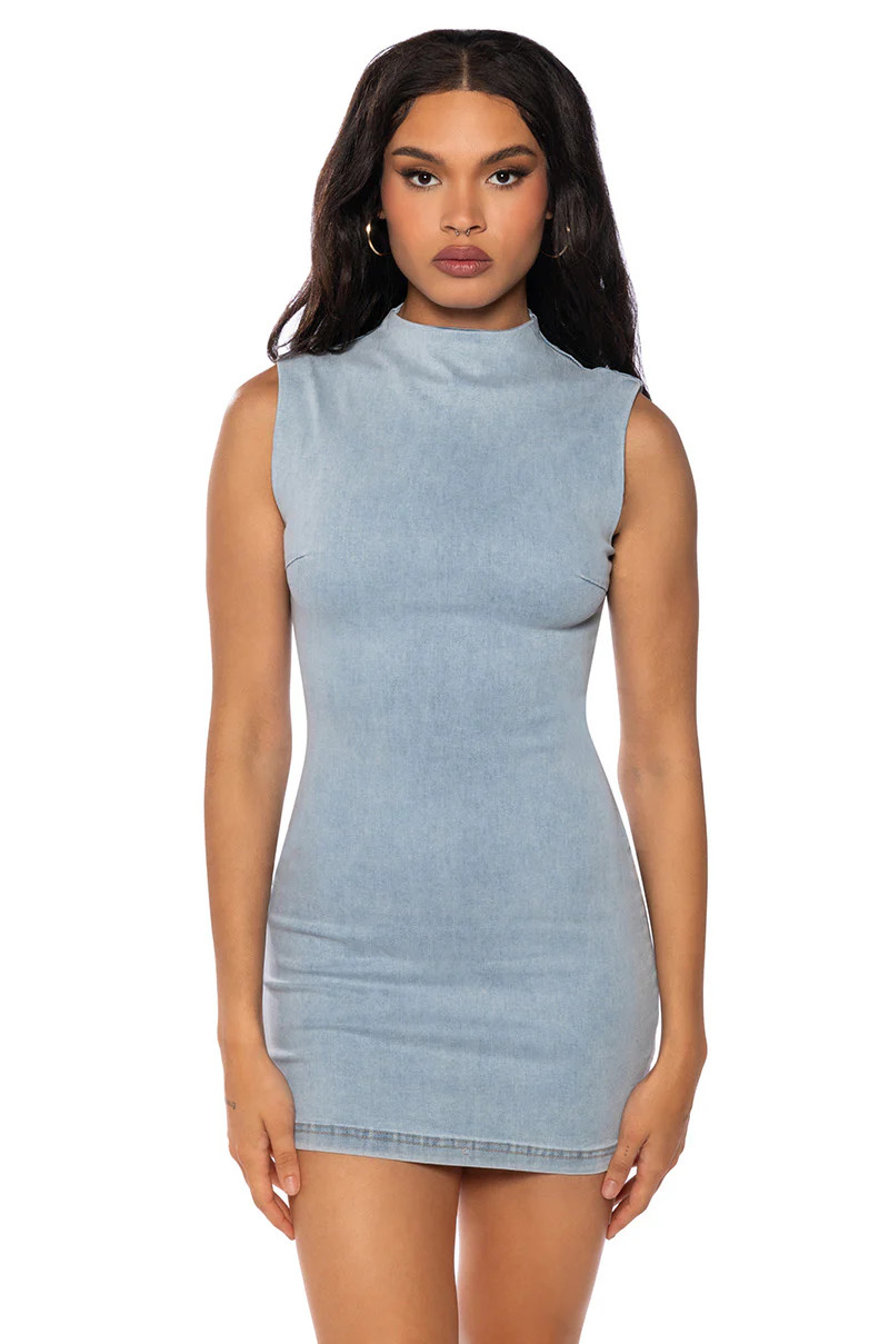 INTO THE NIGHT DENIM BODYCON MINI DRESS IN LIGHT BLUE | AKIRA