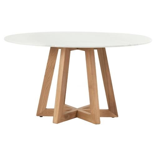 Ceeley Modern White Marble Top Brown Oak Wood Round Dining Table - Large - 55"W | Kathy Kuo Home