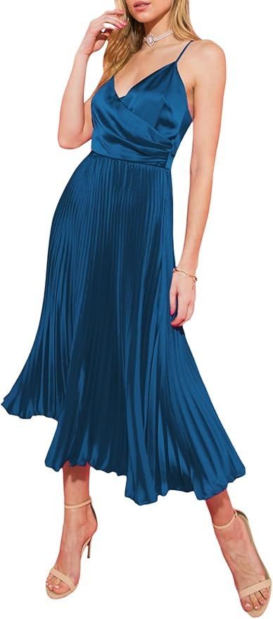 ZAFUL Womens Satin Sexy Backless Wrap V Neck Sleeveless Spaghetti Strap Pleated Flowy Party Midi ... | Amazon (US)