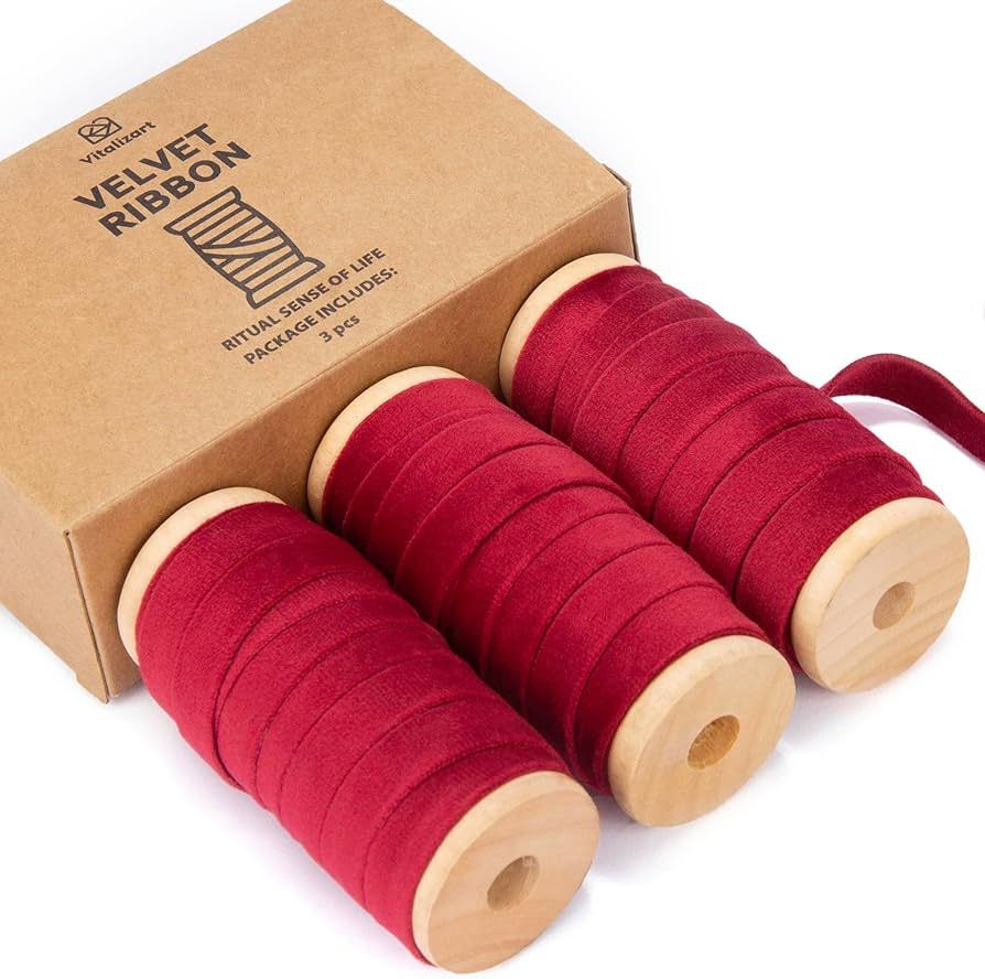 Vitalizart Burgundy Velvet Ribbon Set 3/8"" x 15Yd Wooden Spool Fabric Trim Eco-Friendly 3 Rolls ... | Amazon (US)