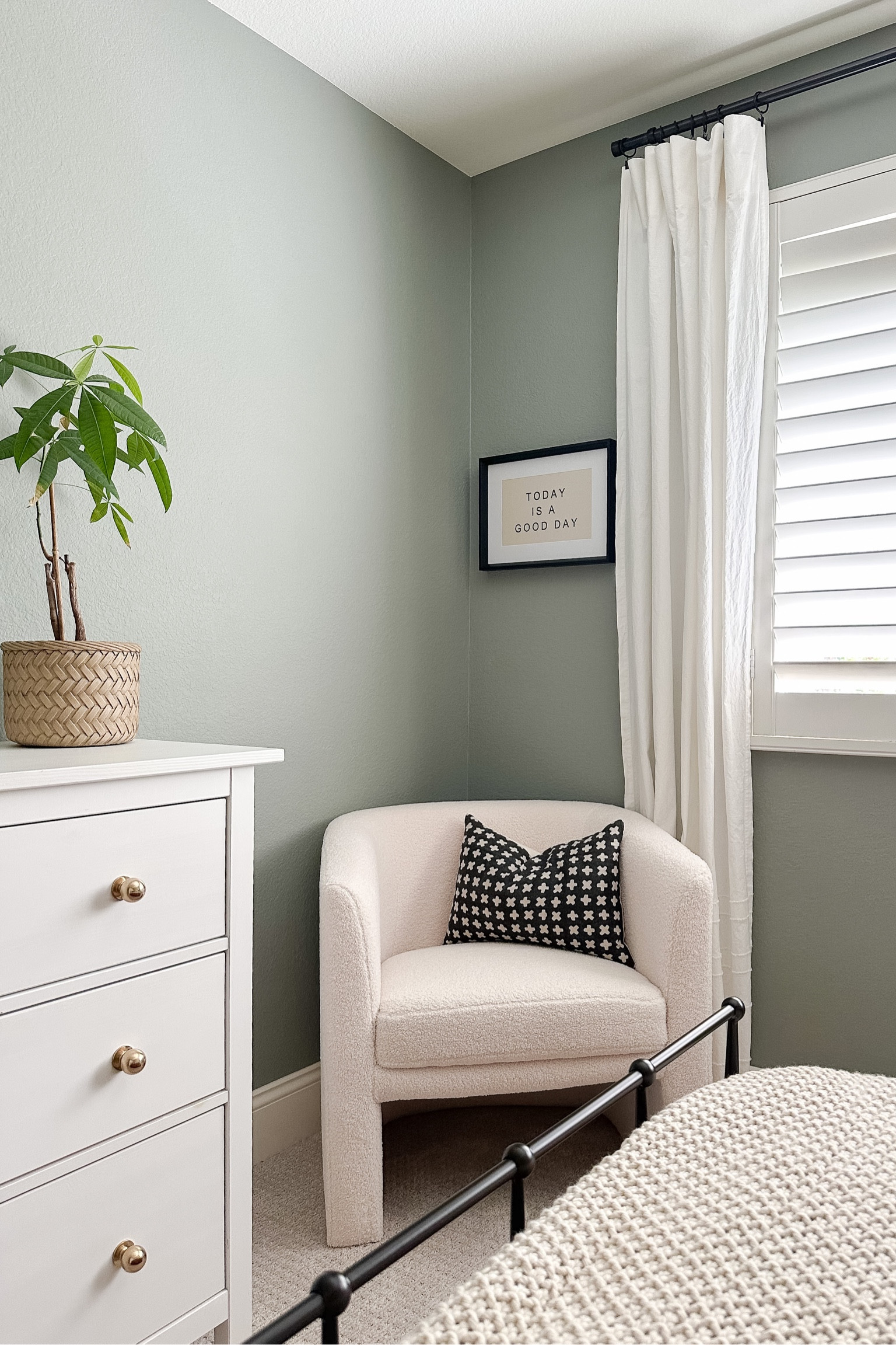 Upholstered Barrel chair, it’s a good day art, white 3 drawer dresser, chunky bed blanket, brass knobs.

#LTKhome #LTKsalealert