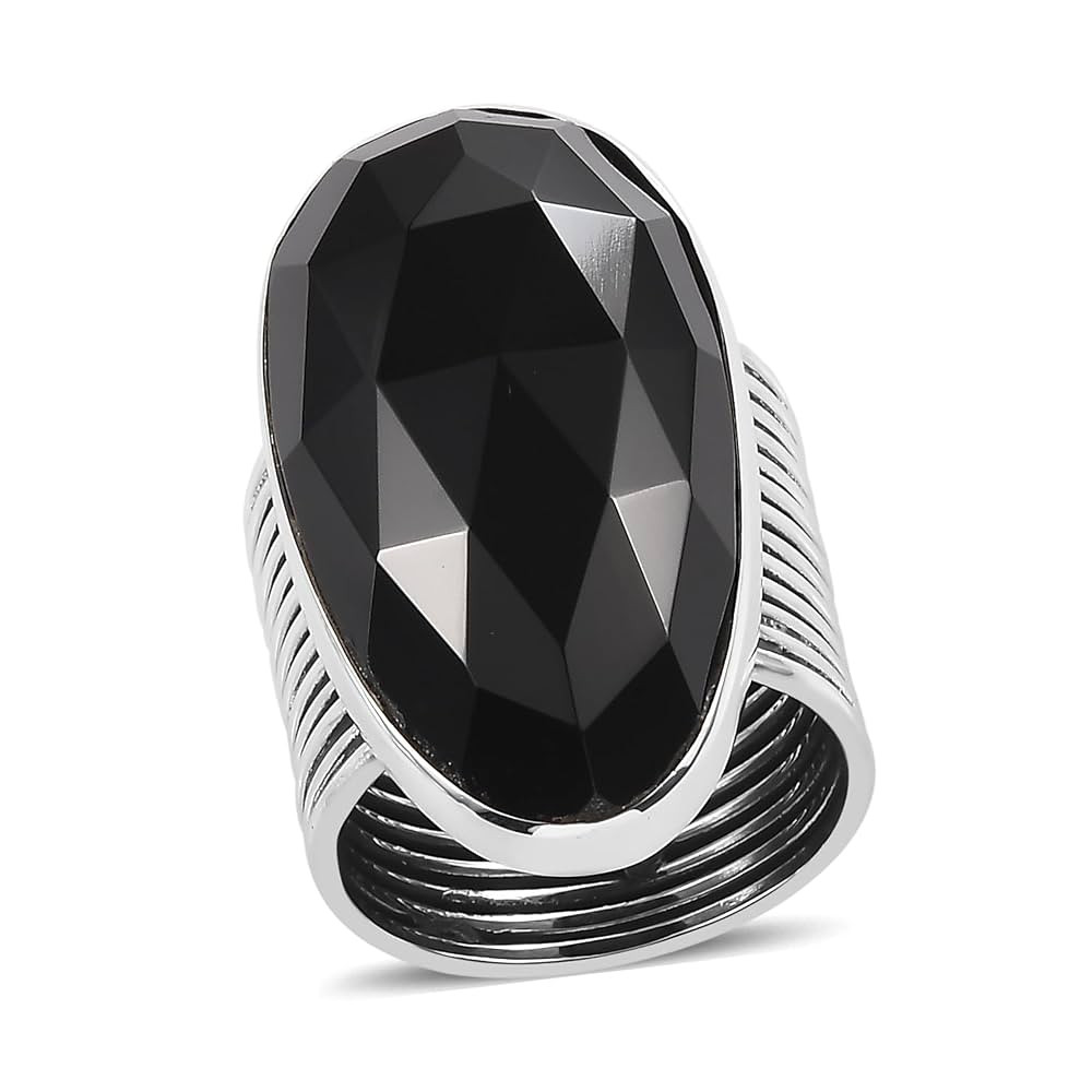 Sterling Silver Black Onyx Ring – Faceted Oval-Cut Gemstone Statement Ring for Women, Unique Mo... | Amazon (US)