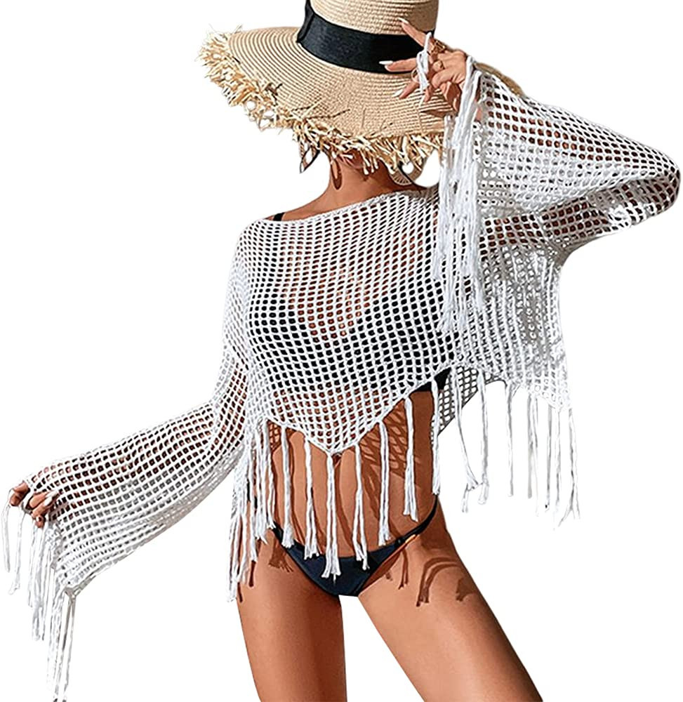 ZAFUL Women's 2023 White Summer Cover Up Long Sleeve Hollow Beach Bikini Swimsuit Tassels Top | Amazon (US)