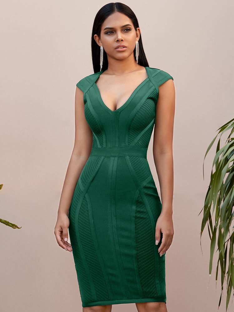 ADYCE Plunging Neck Bandage Solid Bodycon Cocktail Dress | SHEIN