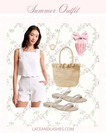 Summer outfit idea! Perfect for vacation too! Love this scalloped linen set from Abercrombie paired with a ruffle straw tote bag and pearl sandals 

#LTKSaleAlert #LTKSeasonal #LTKFindsUnder100