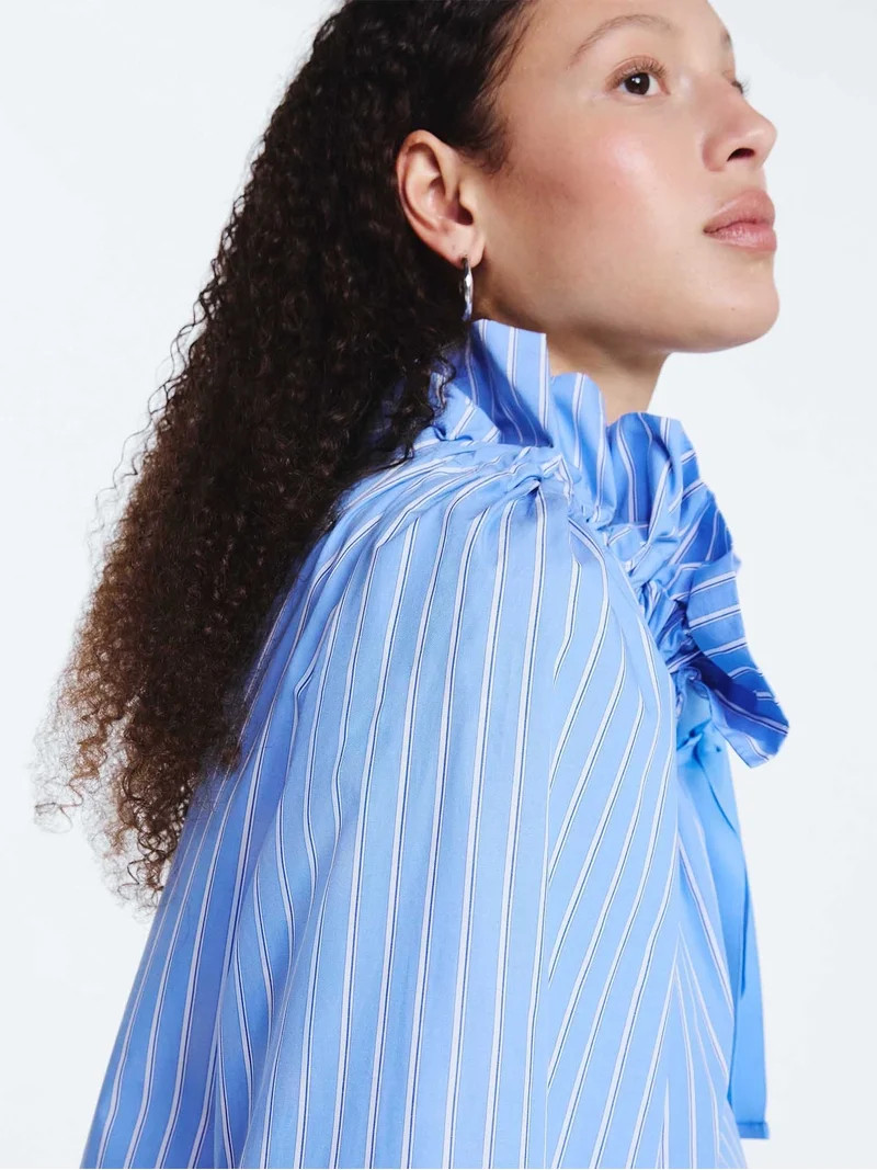 Free Assembly Women's Ruffle Tie Neck Cotton Top with Long Puff Sleeves, Sizes XS-XXL | Walmart (US)