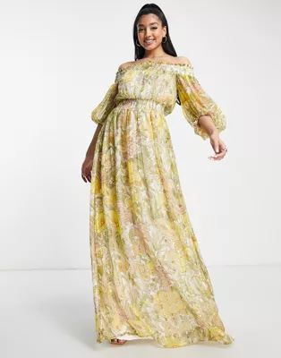 ASOS DESIGN off shoulder maxi dress with blouson sleeve in self-stripe in meadow floral | ASOS (Global)