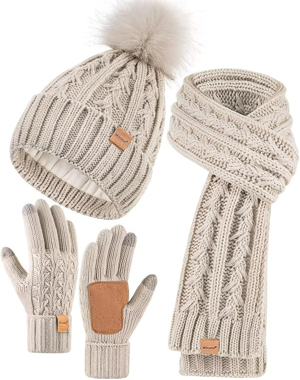 Winuesa Mütze, Schal & Handschuh-Sets für Damen, Beanie Mütze Damen Winter mit Bommel Fleece G... | Amazon (DE)