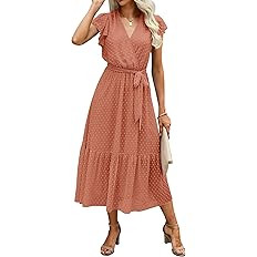 BTFBM Women Summer Bohemian Floral Casual Wrap V Neck Ruffle Cap Sleeveless Belt A-Line Pleated H... | Amazon (US)