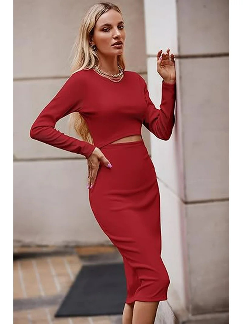 PRETTYGARDEN Women's Long Sleeve Midi Bodycon Dresses Casual Crewneck Cut Out Ribbed Knit Fitted ... | Walmart (US)