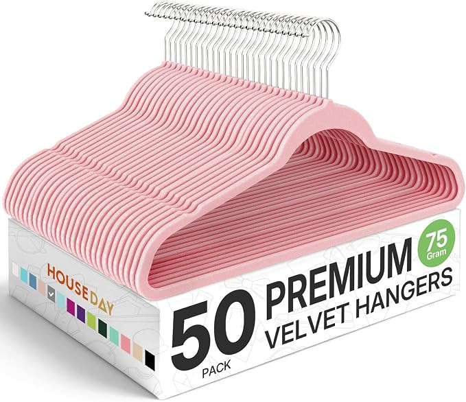 HOUSE DAY Premium Velvet Hangers 50 Pack Pink, Non-Slip Flocked Felt Hangers, Sturdy Clothes Hang... | Amazon (US)