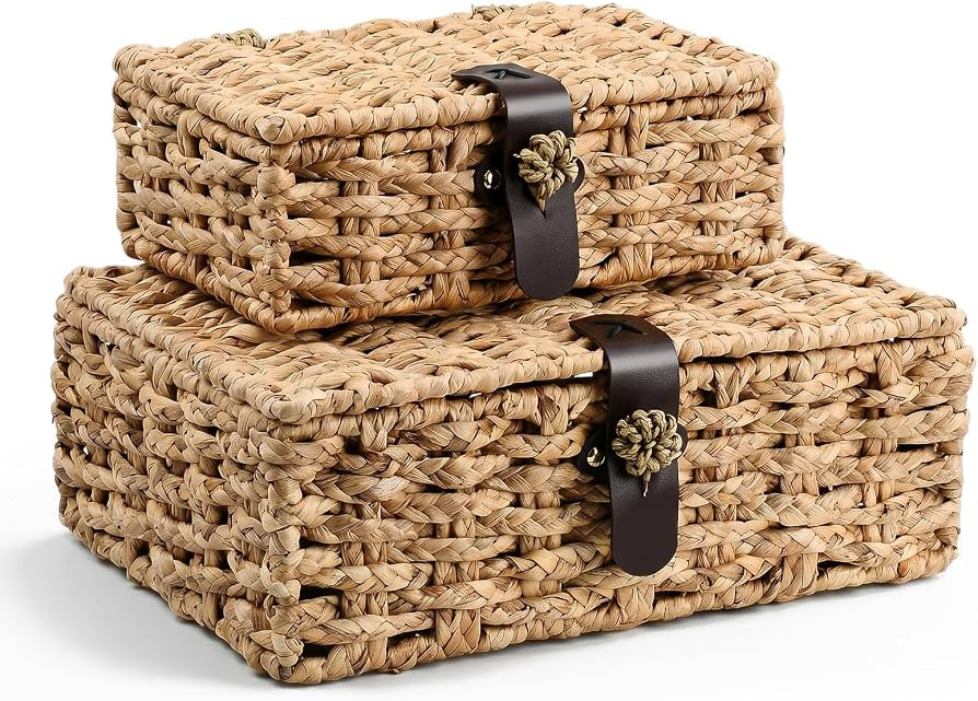 Storage Boxes with Lids, Set of 2 Water Hyacinth Wicker Baskets, Decorative Boxes for Home Decor,... | Amazon (US)