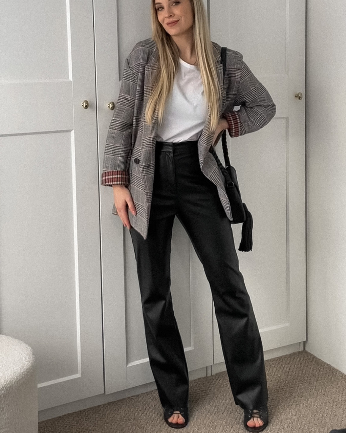 9/30 Days of Winter Outfit Ideas - check blazer (old zara), white shirt, leather look pants, lace up heels and leather handbag on tiktok https://www.tiktok.com/t/ZSLmPHYaw/ 

#LTKSeasonal #LTKaustralia #LTKstyletip