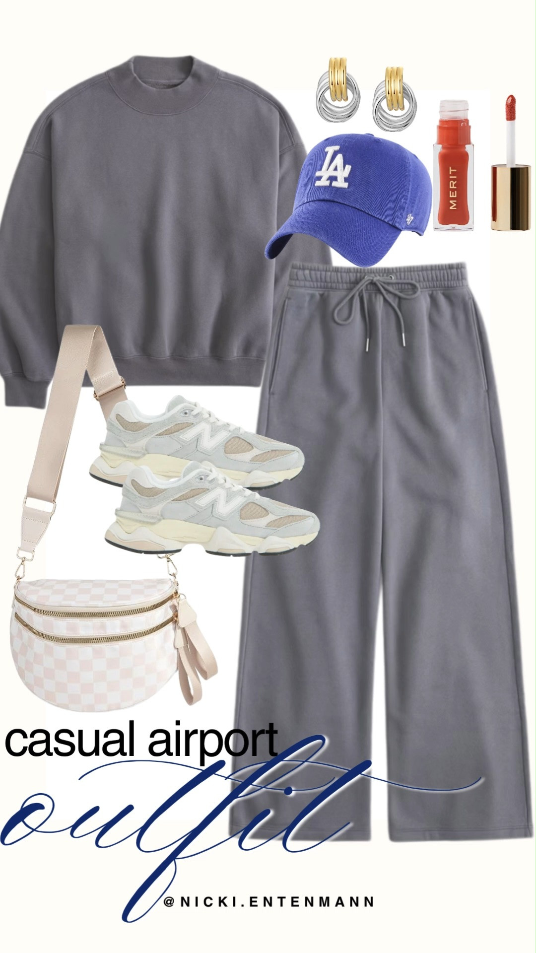 Travel in ultimate comfort and style with this perfect casual airport outfit. This matching grey set pairs a cozy crewneck sweatshirt with relaxed, wide-leg drawstring sweatpants for an effortless travel look. Complete the ensemble with comfortable New Balance sneakers, a checkered belt bag, a royal blue LA baseball cap, mixed-metal earrings, and a pop of Merit lip gloss.

#airportstyle #traveloutfit #comfychic #loungewear #everydaylook #streetstyle #newbalance #meritbeauty #casualoutfit #travelootd 

 #LTKootd #LTKSaleAlert #LTKTravel