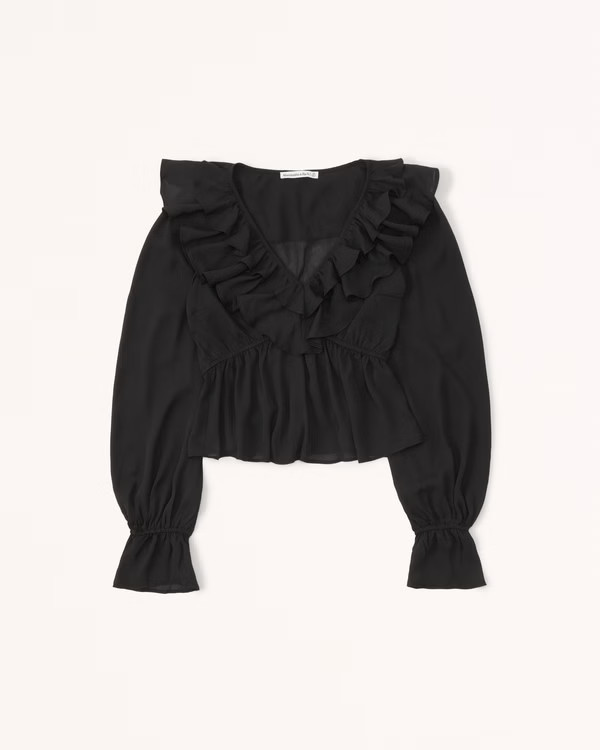Women's Long-Sleeve Sheer Ruffle Top | Women's Tops | Abercrombie.com | Abercrombie & Fitch (US)